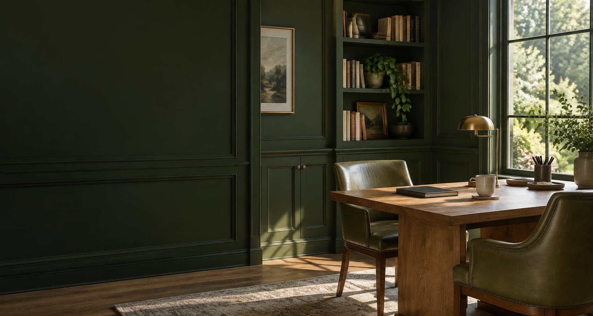 A welcoming forest-green office with a sunlit meeting table